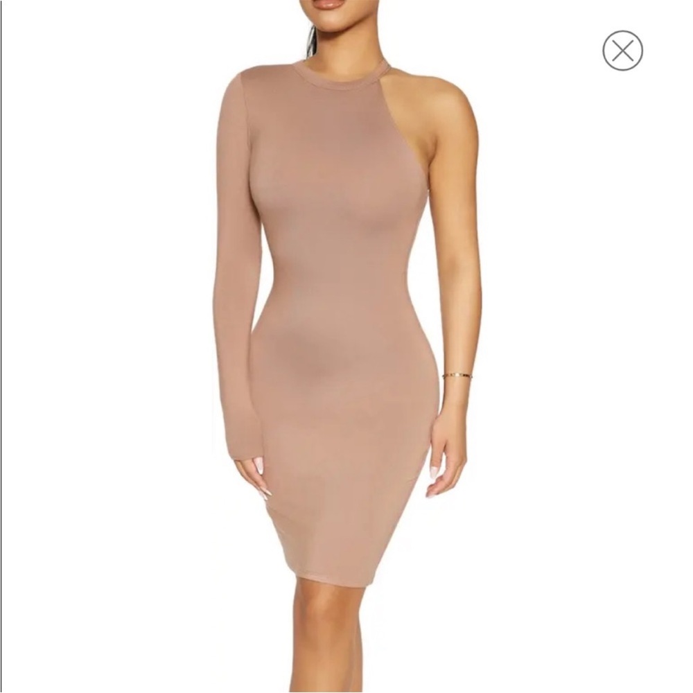 Naked Wardrobe Nude Tan One Shoulder Stretch Mini Dress, Small